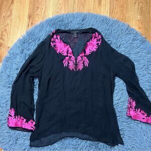 Anne Carson Black Sheer Embroidered Silk Blouse Witchy Whimsigoth Boho Size XL